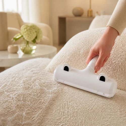 Rouleau anti-poils réutilisable sur un canapé en tissu bouclette